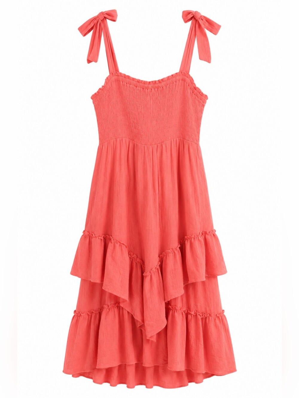 Davi & Dani Coral Gauzy Ruffle Tie Shoulder Dress, L, Coastal, Romantic, Euro